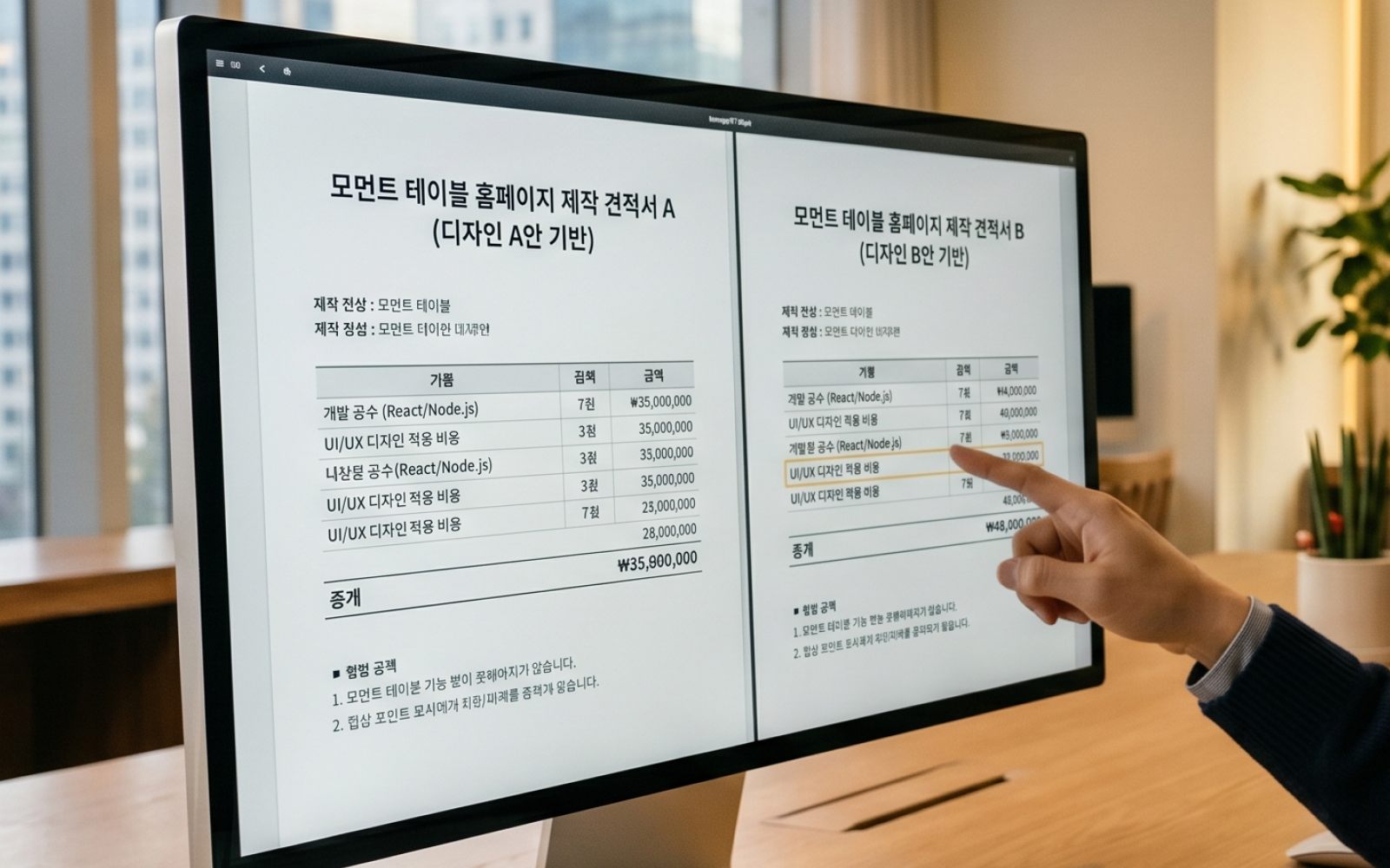 홈페이지 디자인 외주를 알아보며 두 가지 옵션을 비교하는 한국인 30대 창업자의 모습